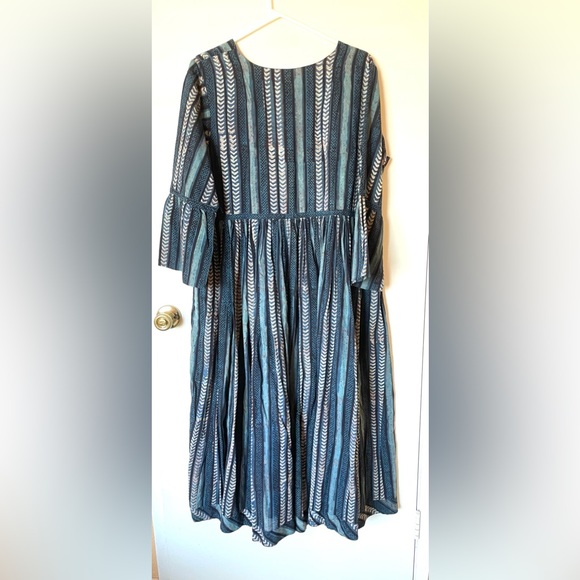 Anokhi blue striped block print bell sleeve maxi dress, 100% cotton size XL - Picture 10 of 11